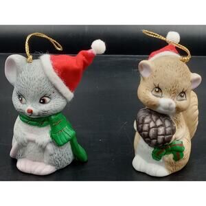 Vtg Mouse and Squirrel Christmas bell ornaments with santa hats JSNY Taiwan